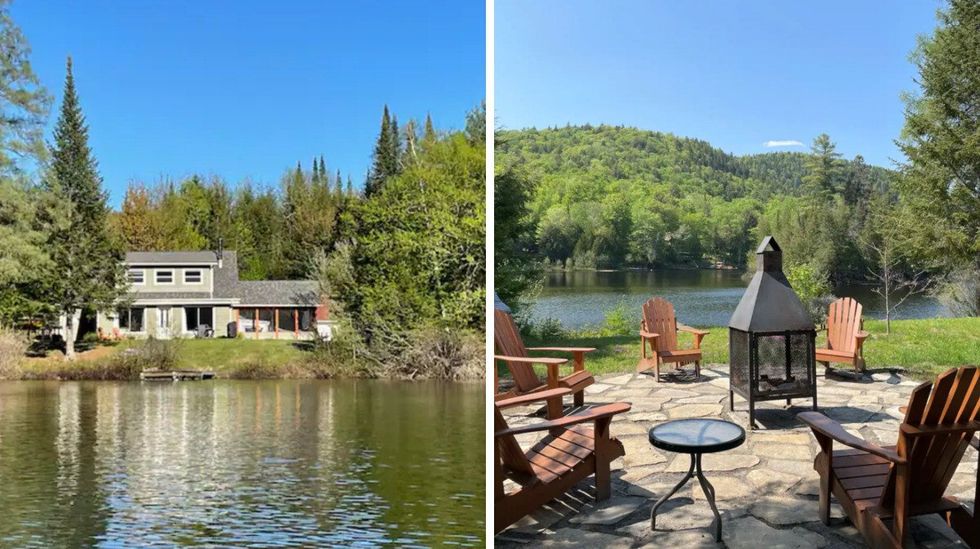 Un chalet vert face \u00e0 un lac. Droite: Des chaises plac\u00e9es autour d'un foyer ext\u00e9rieur sur le terrain d'un chalet.