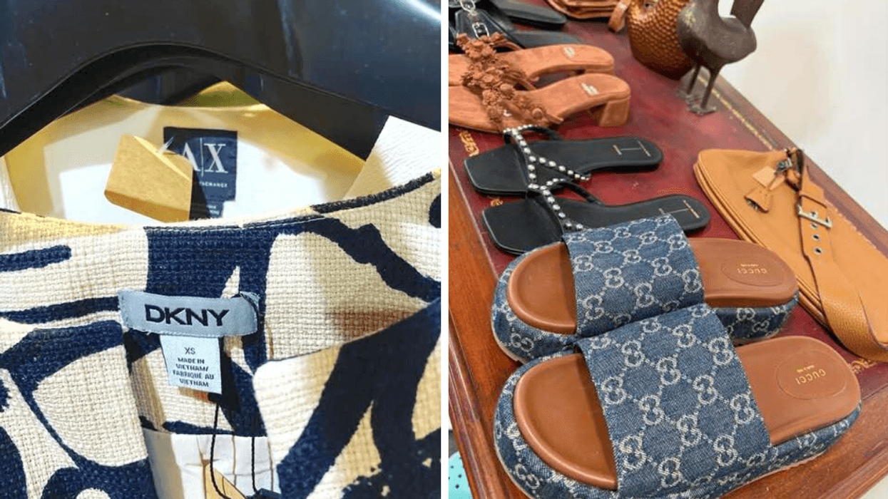 Un chandail de la marque DKNY. Droite : Des souliers designer.