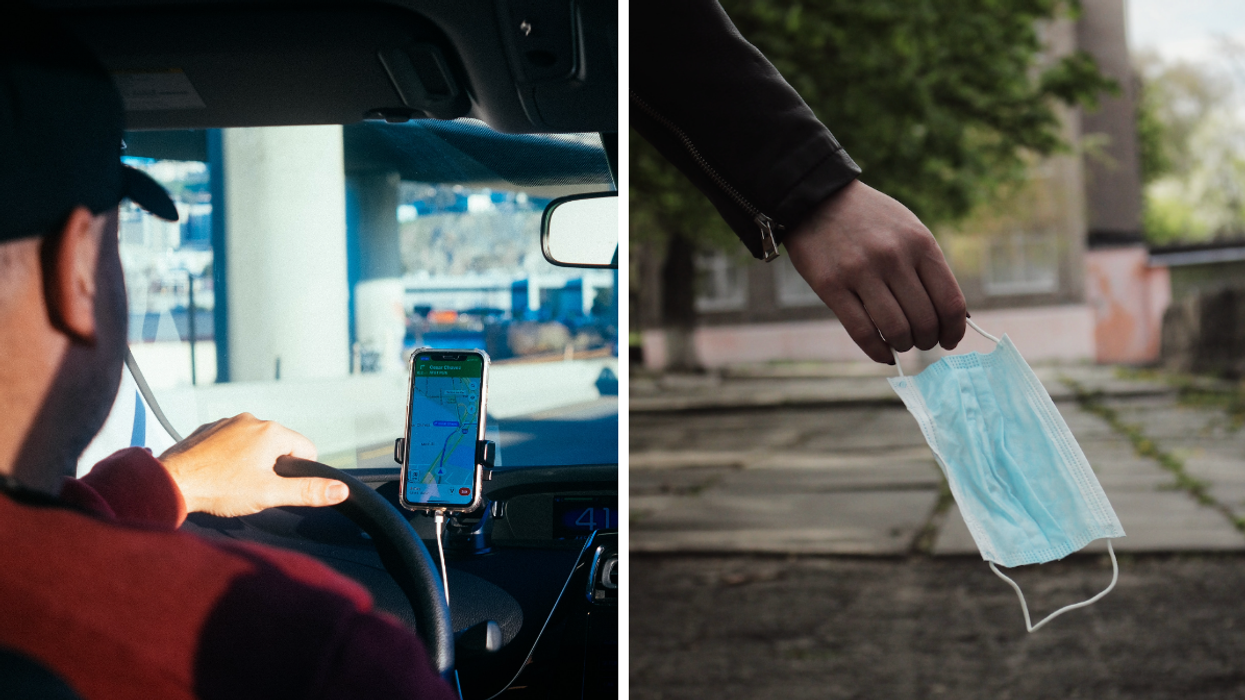 Un chauffeur Uber. Droite : Un masque contre la COVID-19.