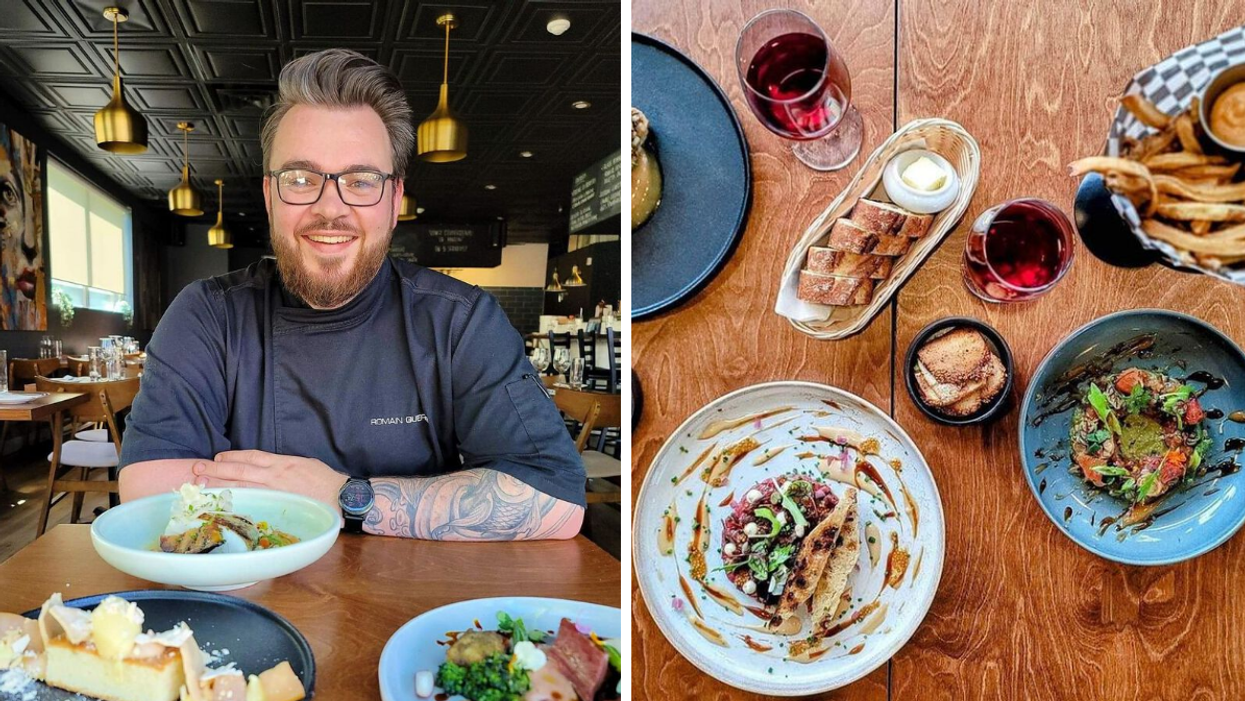 Un chef devant des assiettes sur une table. Droite: Des plats sur une table en bois avec deux verres de vin.