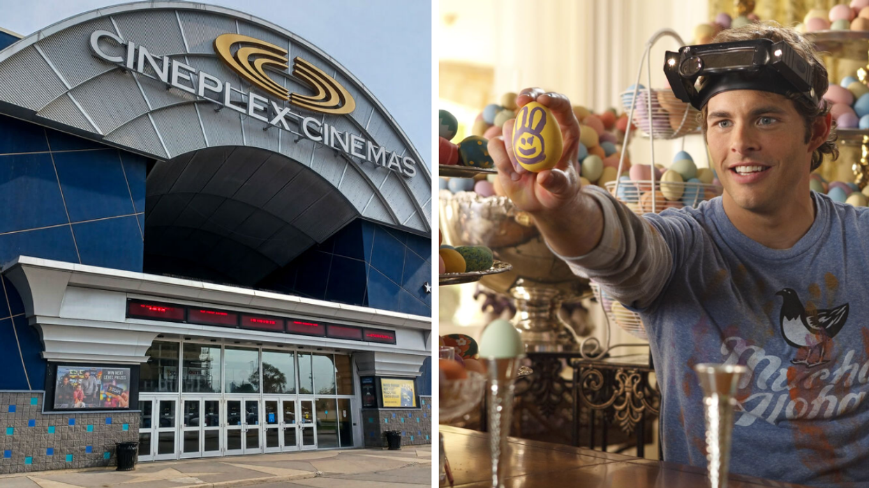 Un cinéma Cineplex. Droite : Le personnage humain du film Hop.