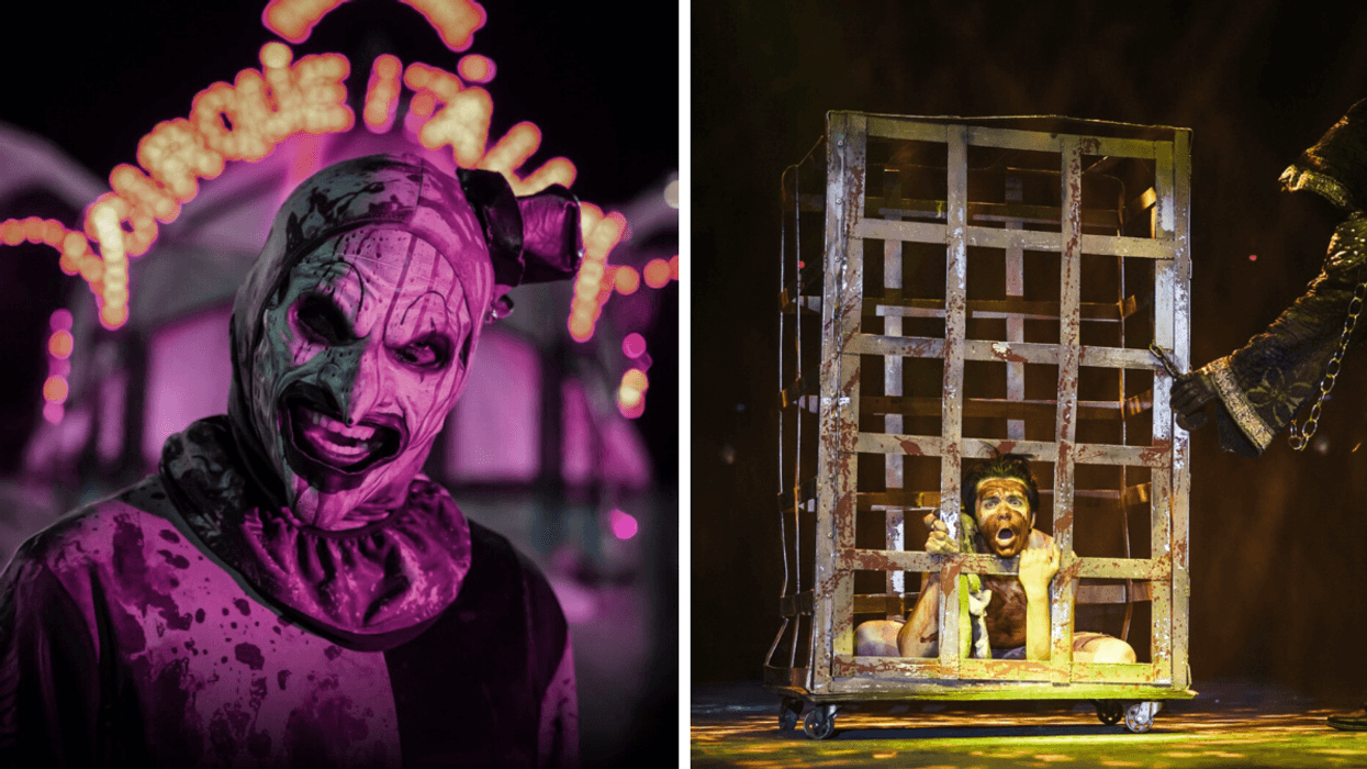 Un clown épeurant. Droite : Une personne dans une cage.