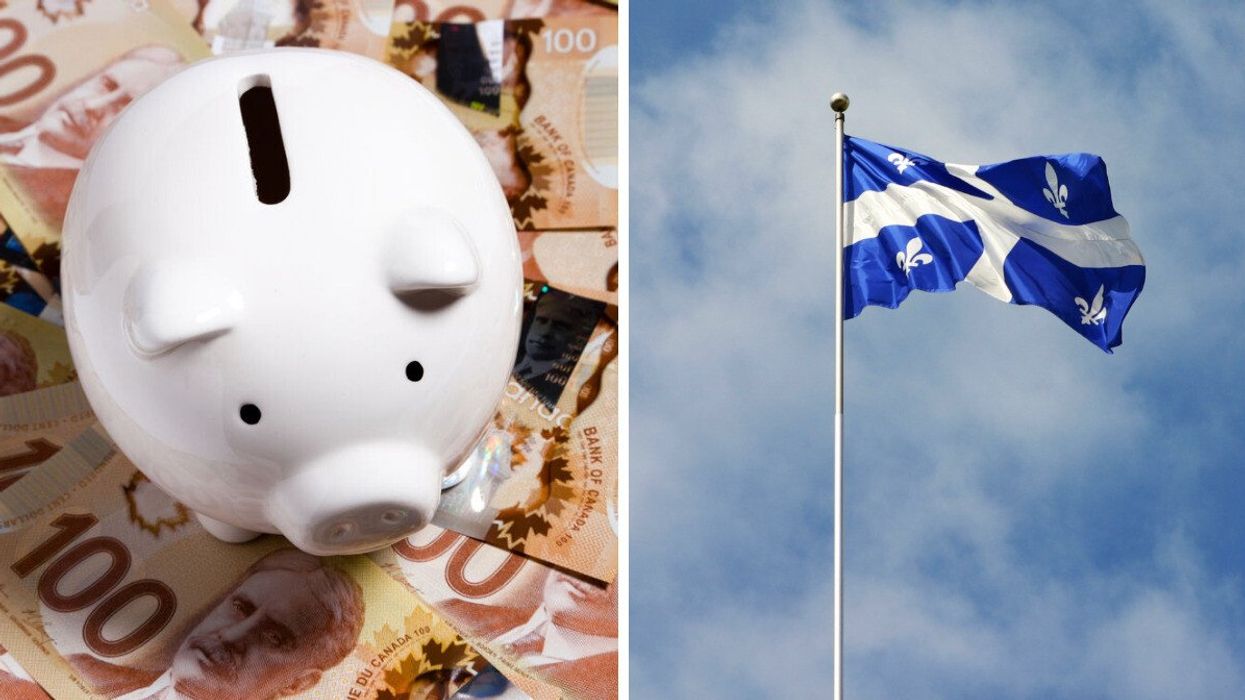 Un cochon blanc sur des billets de 100 $. Droite : Un drapeau du Québec