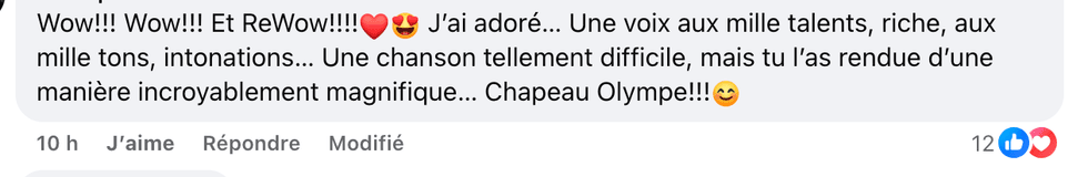 Un commentaire au sujet de Olympe laiss\u00e9 sur la page Facebook de La Voix.