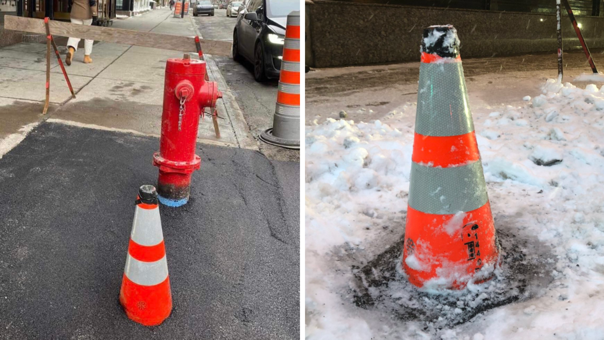 Un cône orange posé sur du bitume frais devant le Ritz-Carlton à Montréal.