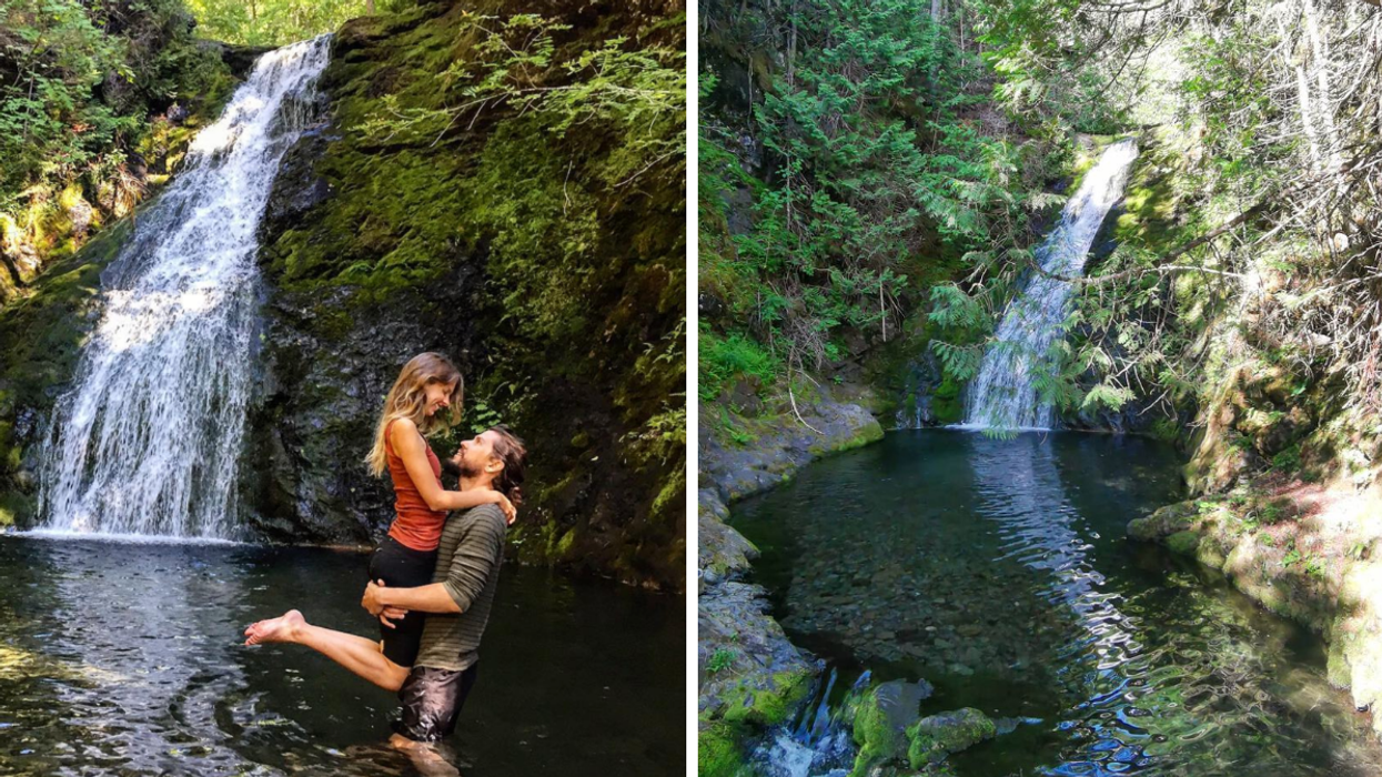 Un couple à la chute Les Saults. Droite : La chute Les Saults au parc régional du Mont-Saint-Joseph.
