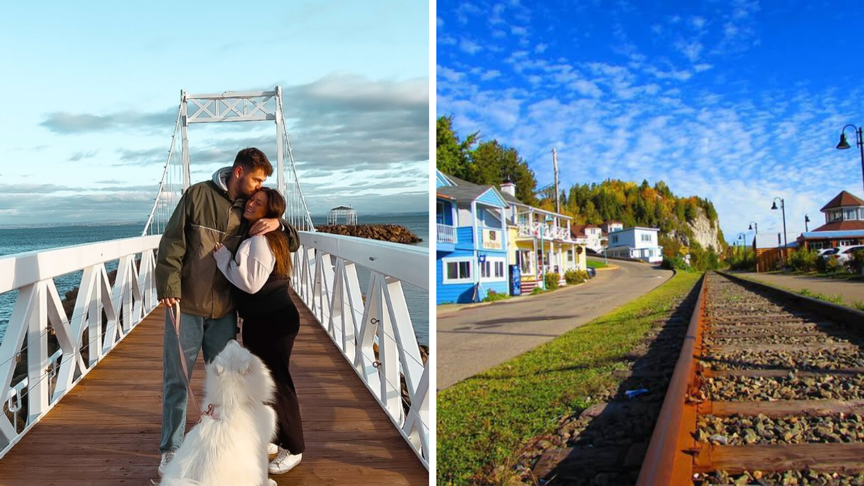 Un couple à la jetée de Pointe-au-Pic. Droite : La Malbaie.