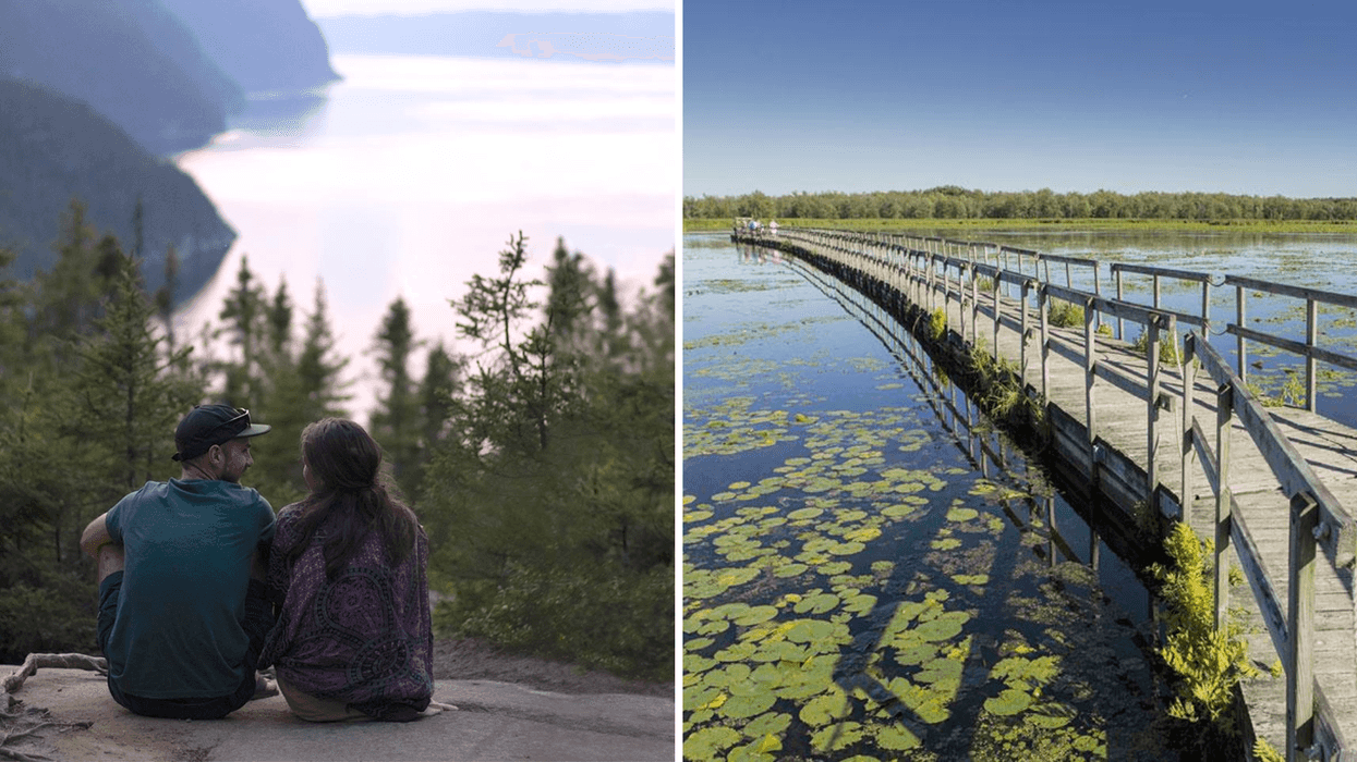Un couple au parc national du Fjord-du-Saguenay. Droite : Une passerelle au parc national d'Oka.