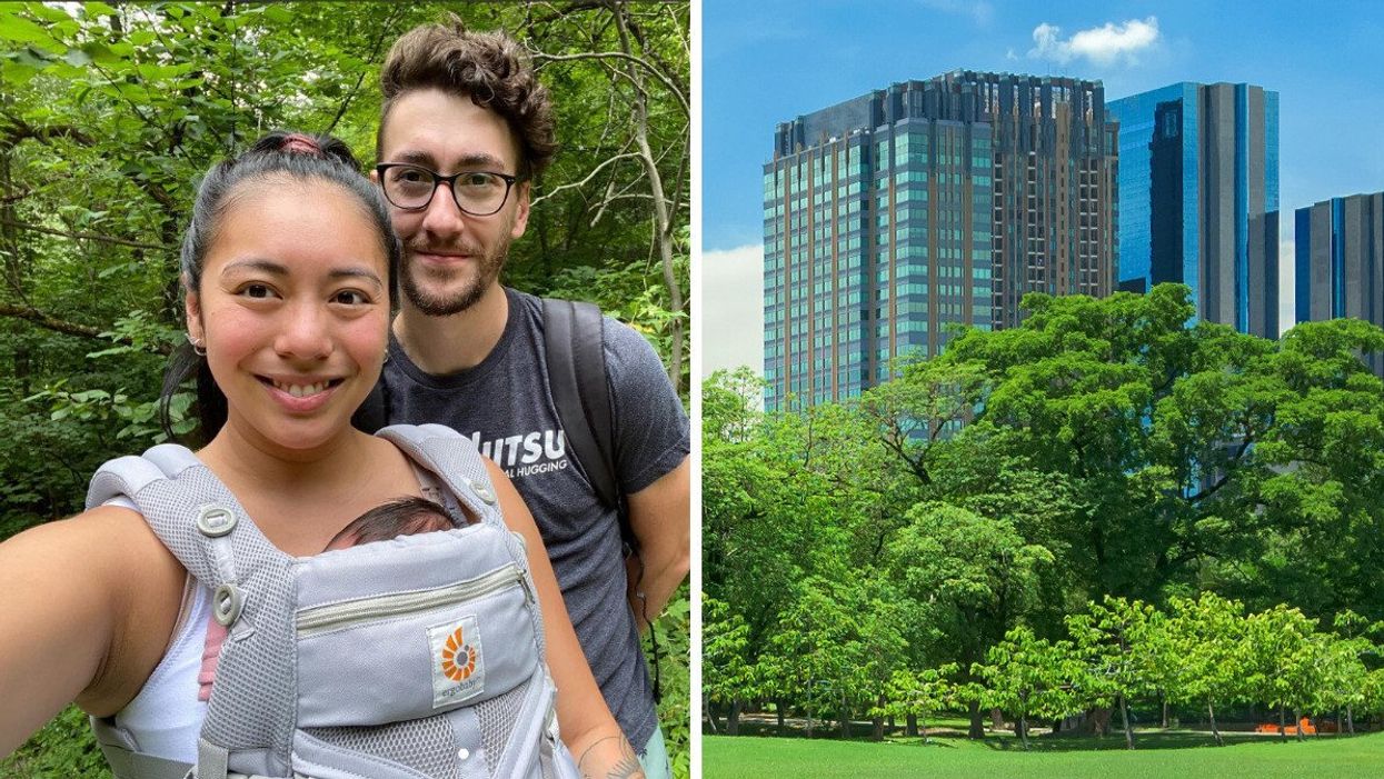 Un couple avec un bébé dans un porte-bébé se prend en selfie dans une forêt. Droite : représentation visuelle d'une nouvelle microforêt à Montréal.