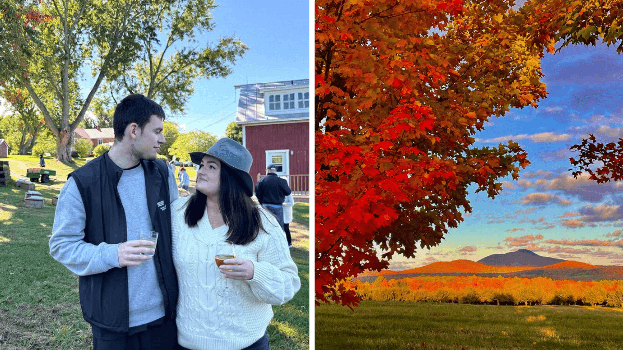 Un couple dégustant du cidre dans un verger, avec une grange rouge en arrière-plan. Droite : Vue sur le Mont Pinacle entourée de feuillages d'automne.