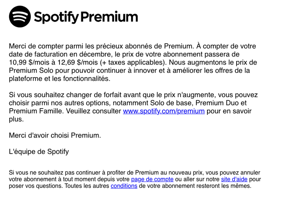 Un courriel envoy\u00e9 aux membres de Spotify.