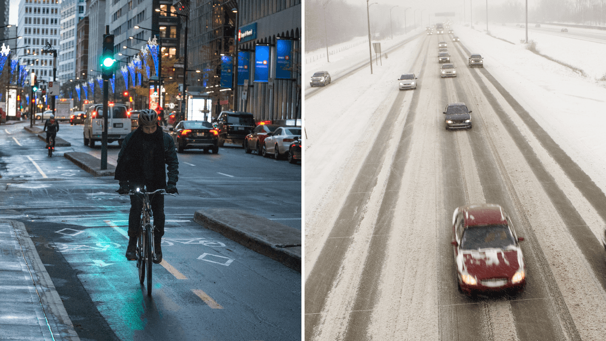 Un cycliste à Montréal alors que la météo est froide. Droite : Des voitures sur des routes enneigées.