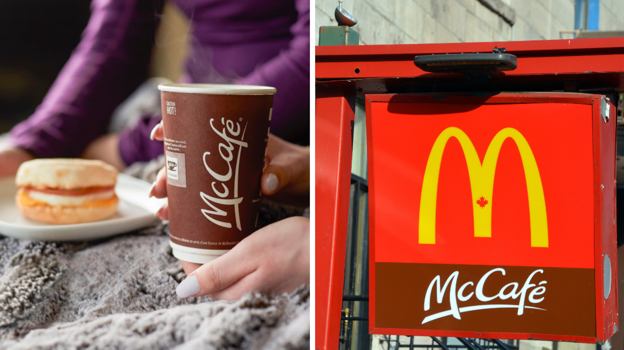 Un déjeuner McCafé. Droite : Une enseigne McDonald's.