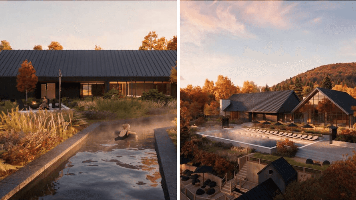 Un des bassins thermaux extérieurs actuels du Strøm Saint-Sauveur. Droite : Rendu du nouveau pavillon et du bassin extérieur de la phase 2 du Strøm Saint-Sauveur.