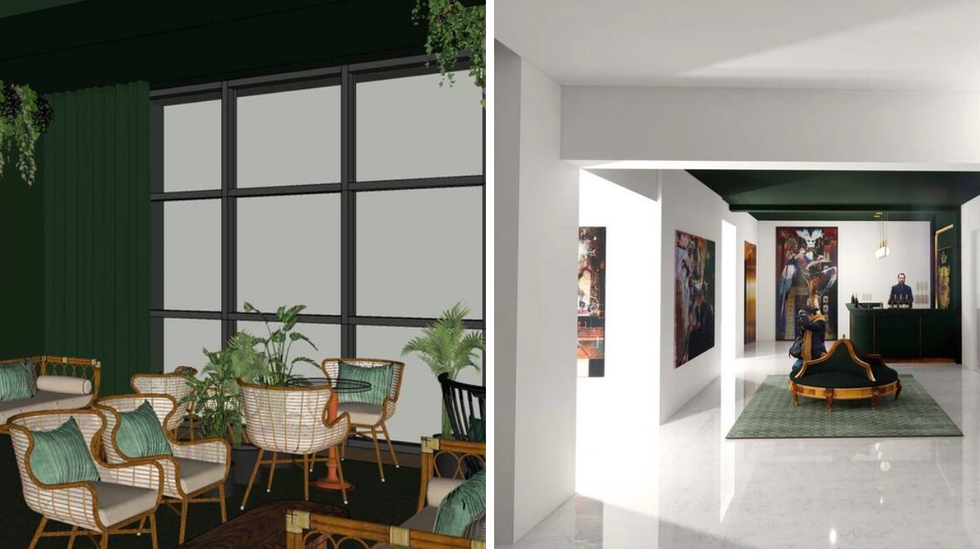 Un des salons. Droite : Hall d'entr\u00e9e.