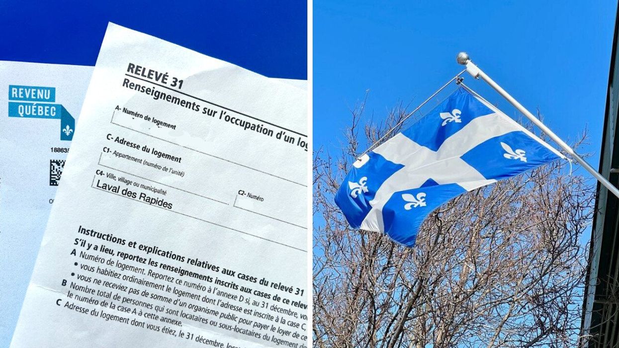 Un document de Revenu Québec et un Relevé 31 sont placés en éventail sur une surface plate. Droite : Un drapeau du Québec.
