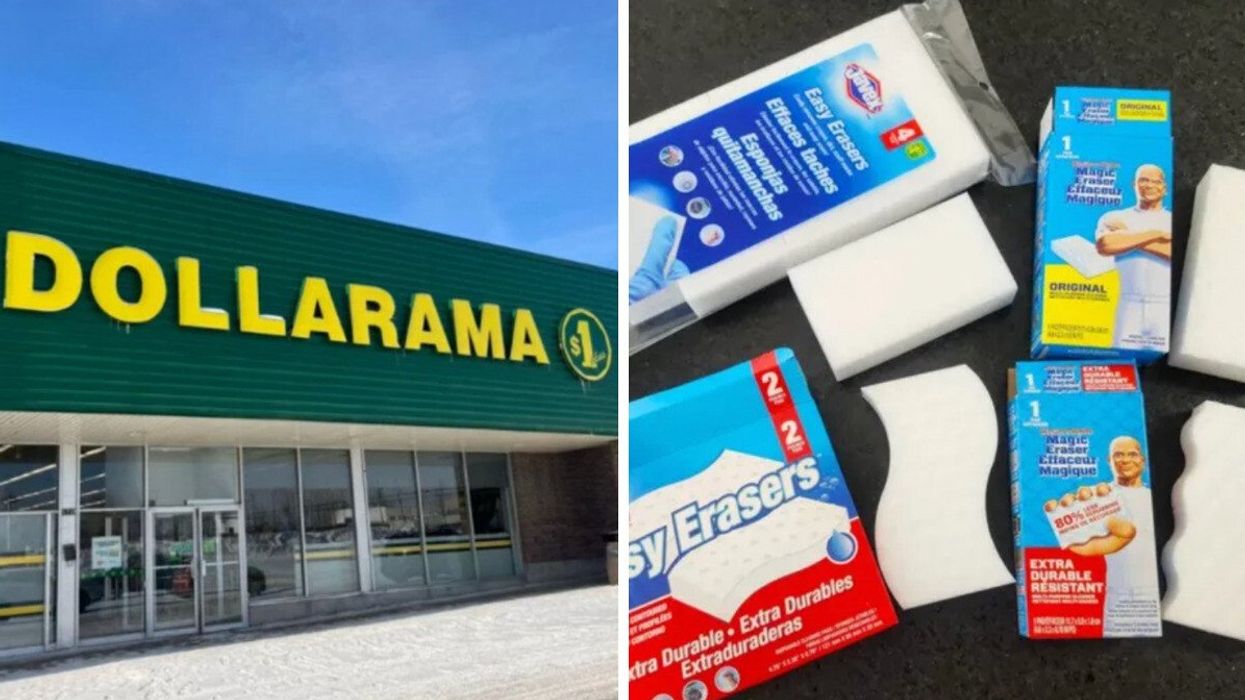 Un Dollarama. Droite : Des éponges blanches nettoyantes sont vendues par les marques Javex et M.Net.