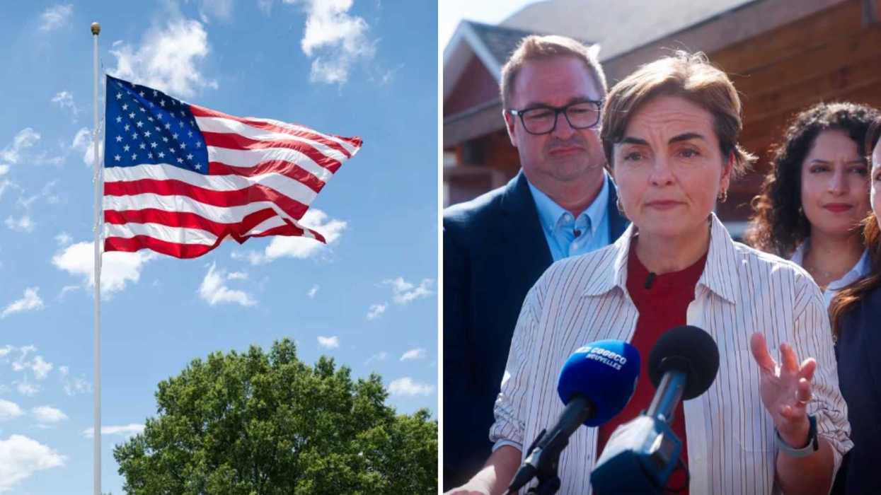 Un drapeau américain. Droite : Christine Fréchette.