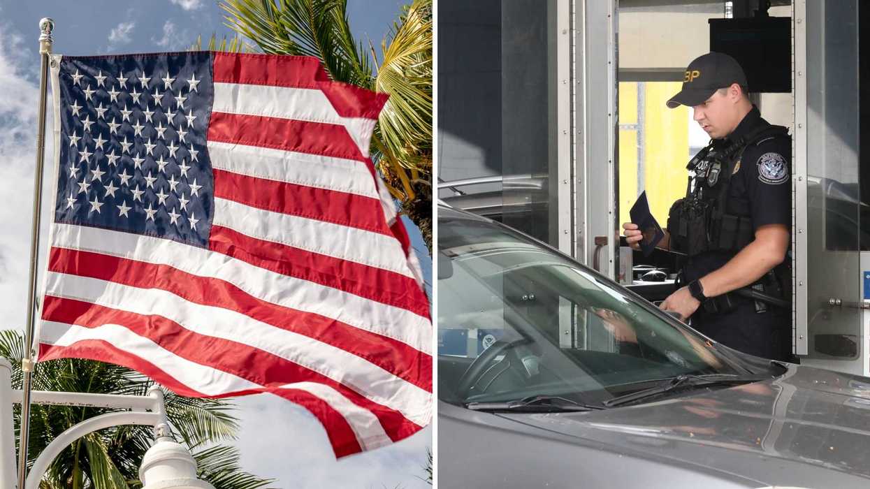 Un drapeau américain. Droite : un douanier américain.