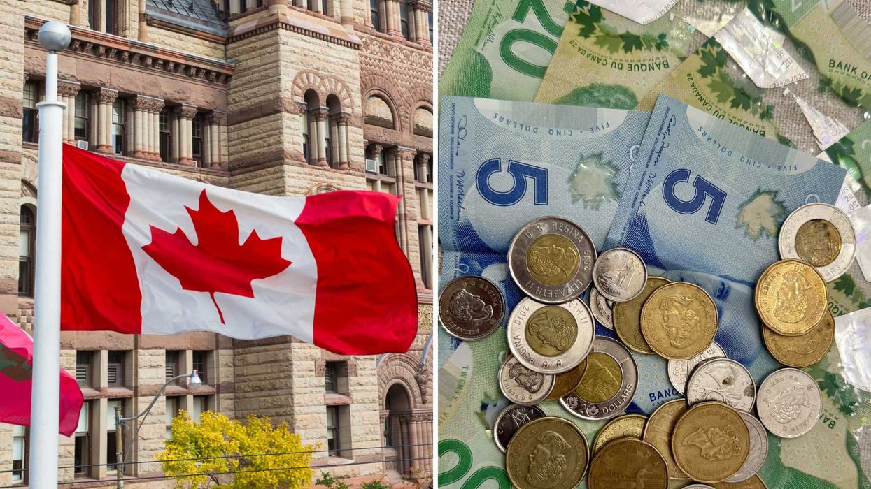 Un drapeau canadien. Droite : de l'argent canadien.