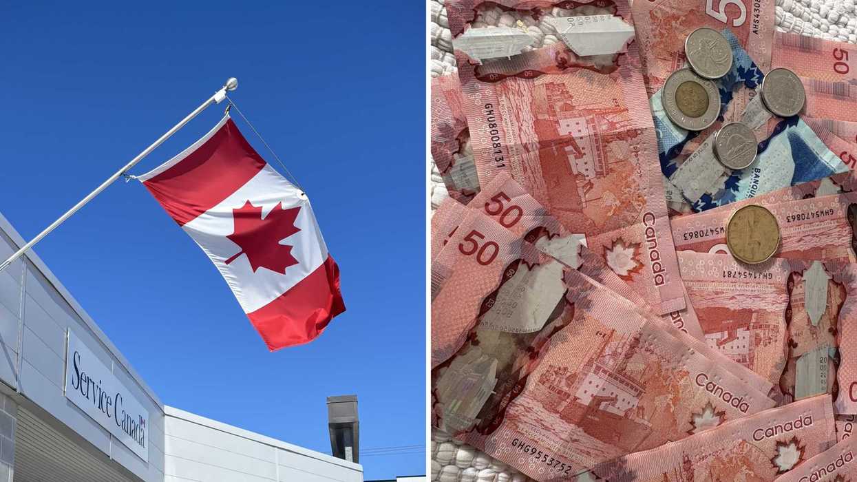 Un drapeau canadien. Droite : de l'argent canadien.