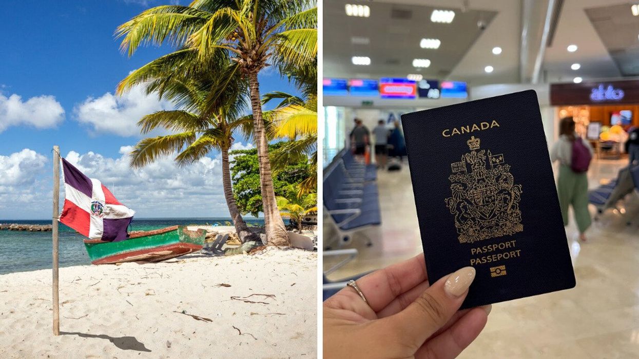 Un drapeau de la République dominicaine sur la plage. Droite : Un passeport canadien.