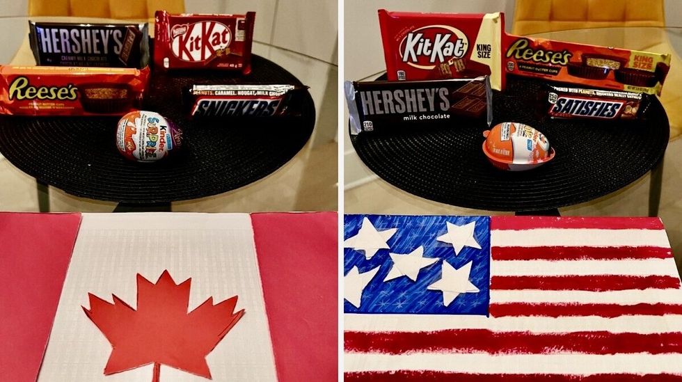 Un drapeau du Canada avec des cinq chocolats pr\u00e9sent\u00e9s sur un napperon rond noir. Droite : Un drapeau des \u00c9tats-Unis avec des cinq chocolats pr\u00e9sent\u00e9s sur un napperon rond noir