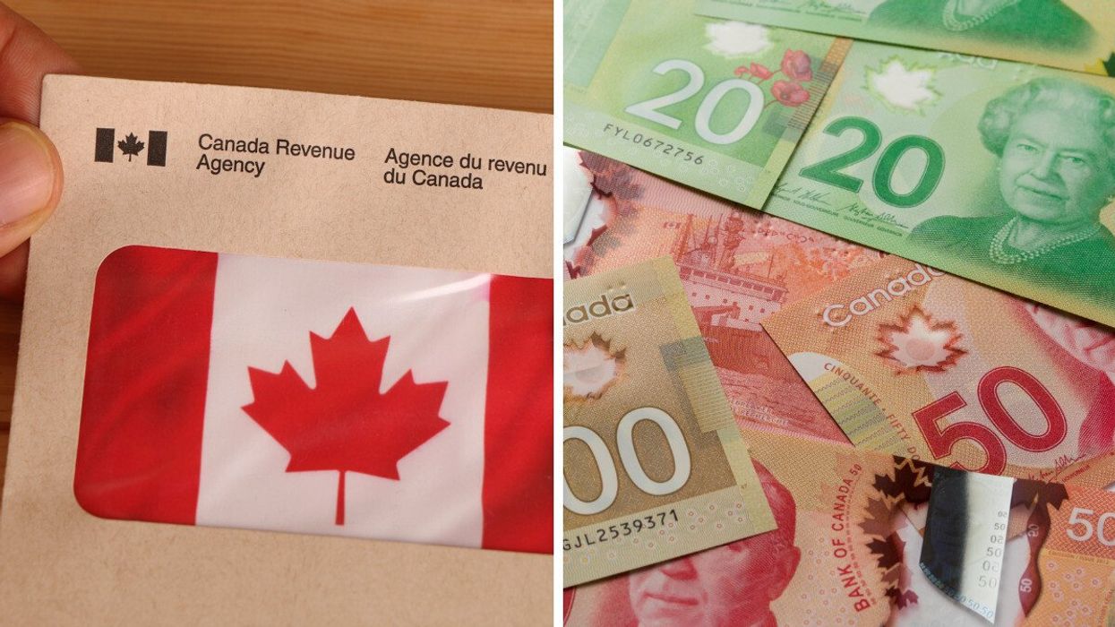 Un drapeau du Canada dans une enveloppe de l'Agence du revenu du Canada. Droite : des billets de 100 $, 50 $ et 20 $ étalés sur une surface plane.