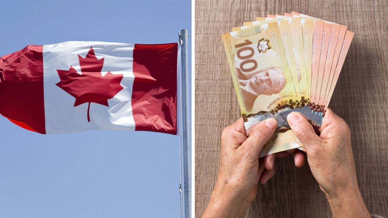 Un drapeau du Canada devant un bâtiment gouvernemental. Droite : des billets de 100 $ et 50 $ placés en éventail dans une main.