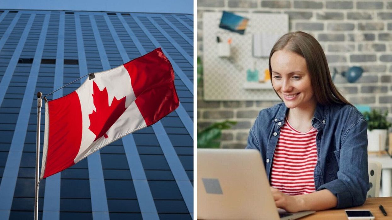 Un drapeau du canada devant un grand édifice. Droite: Une personne travaille en souriant devant son ordinateur portable.