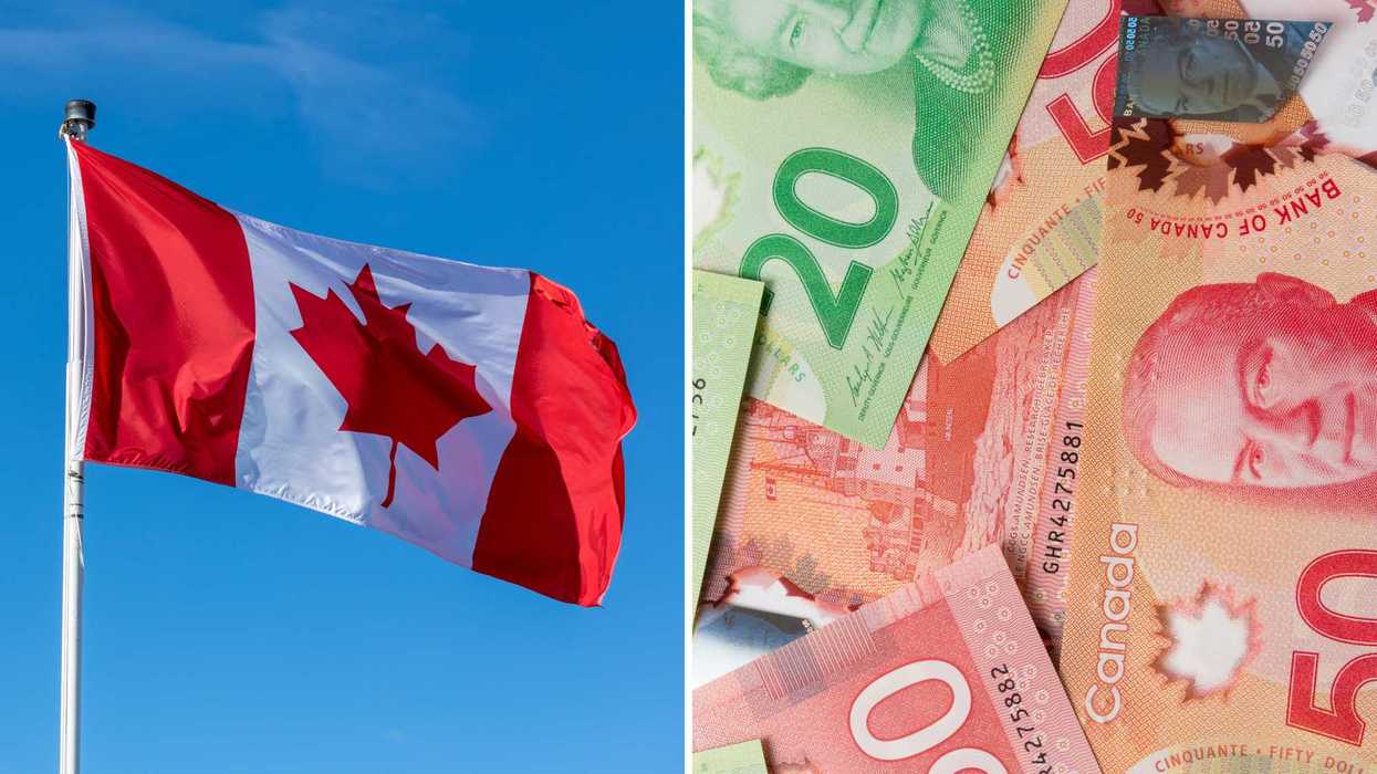 Un drapeau du Canada. Droite : de l'argent canadien.