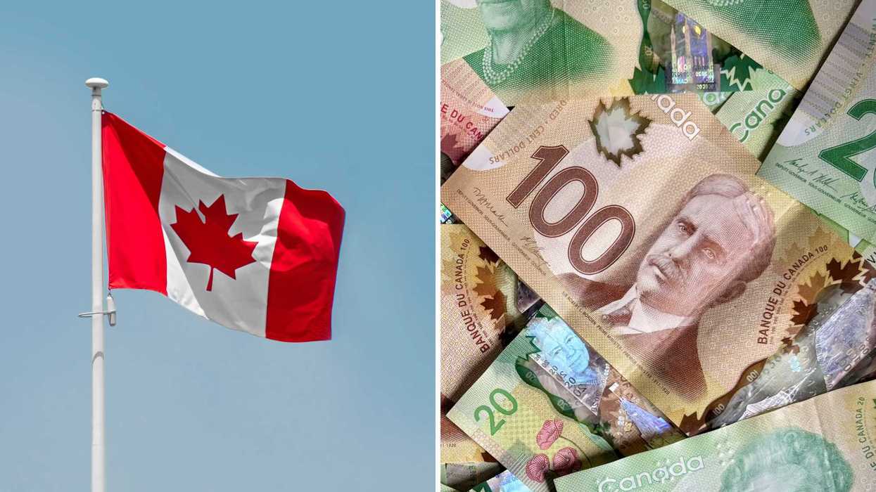 Un drapeau du Canada. Droite : de l'argent canadien.