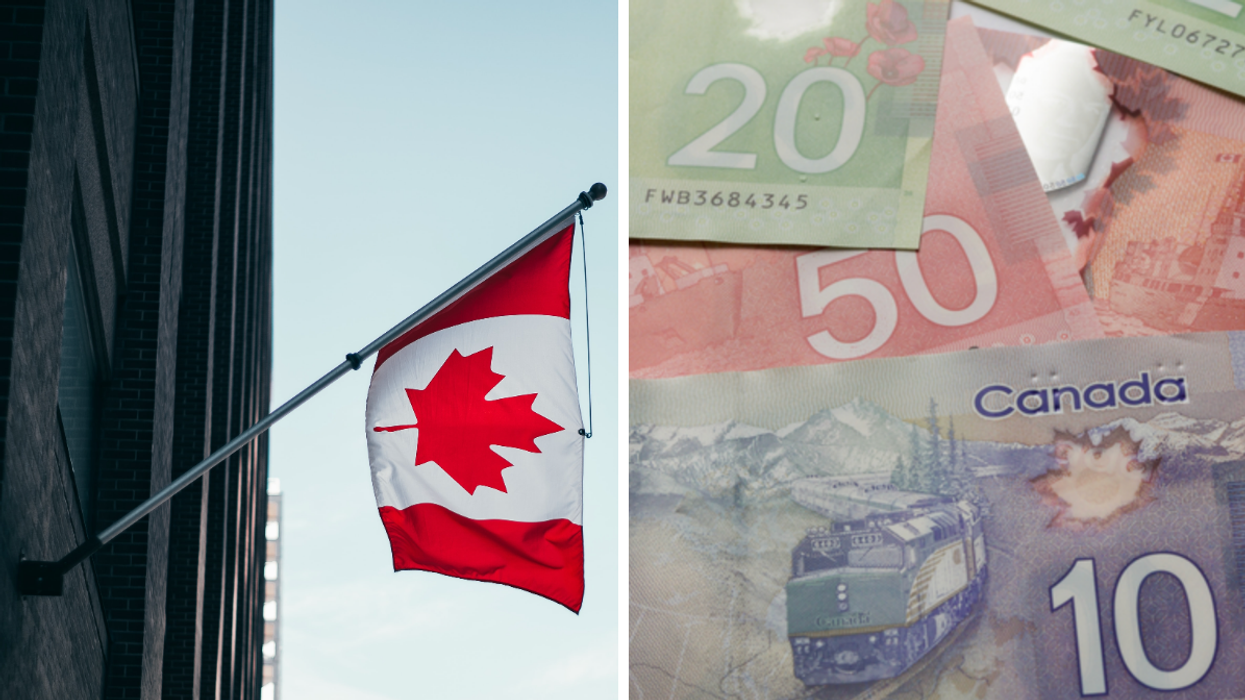 Un drapeau du Canada. Droite : De l'argent.