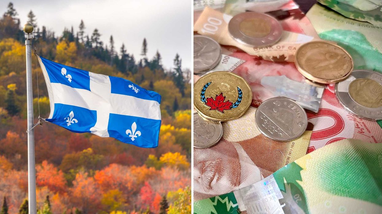 Un drapeau du Québec. Droite : de l'argent canadien.