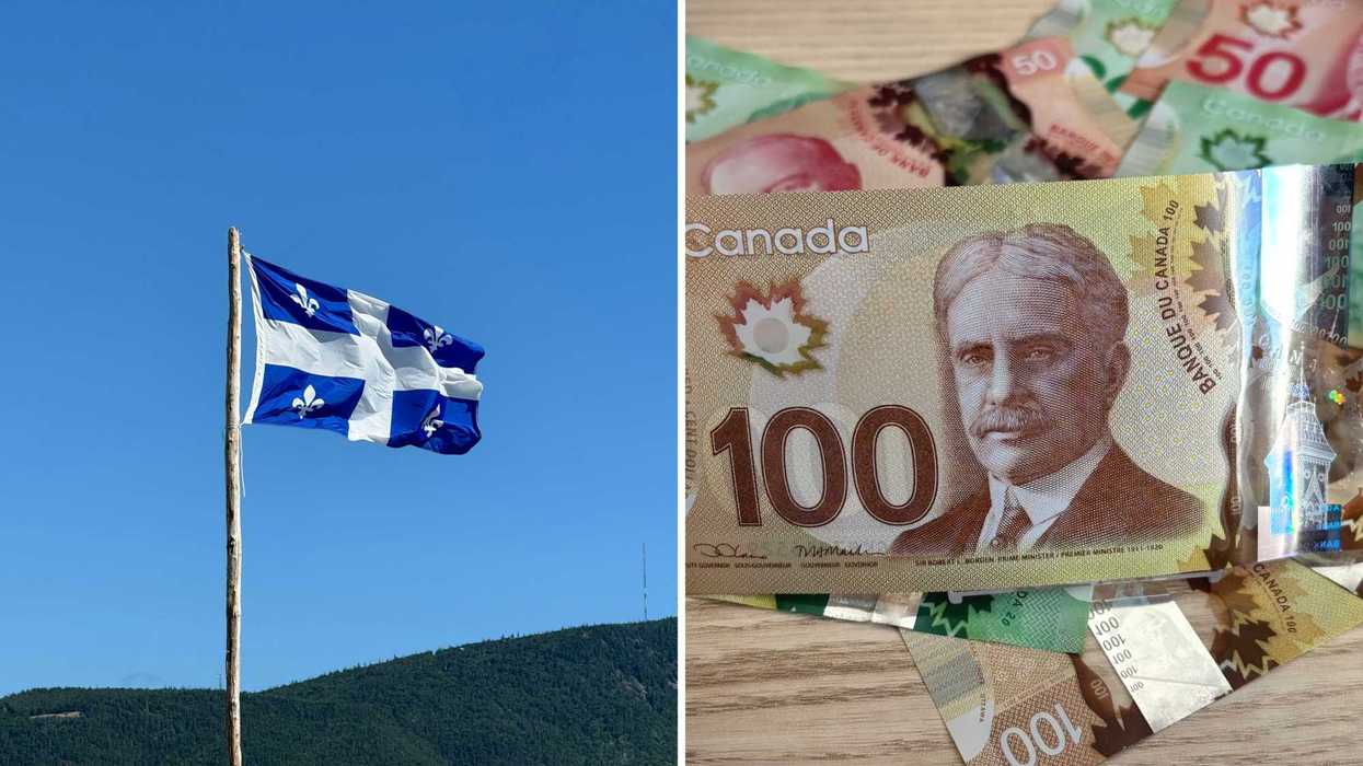 Un drapeau du Québec. Droite : de l'argent canadien.