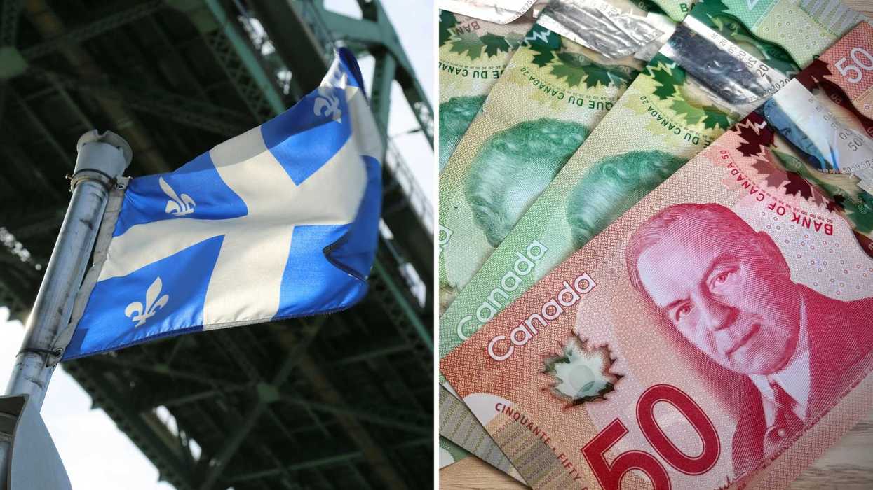 Un drapeau du Québec. Droite : de l'argent canadien.