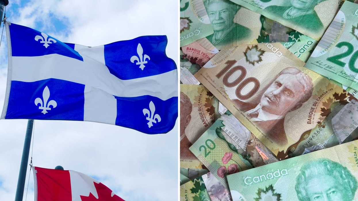 Un drapeau du Québec. Droite : de l'argent canadien.