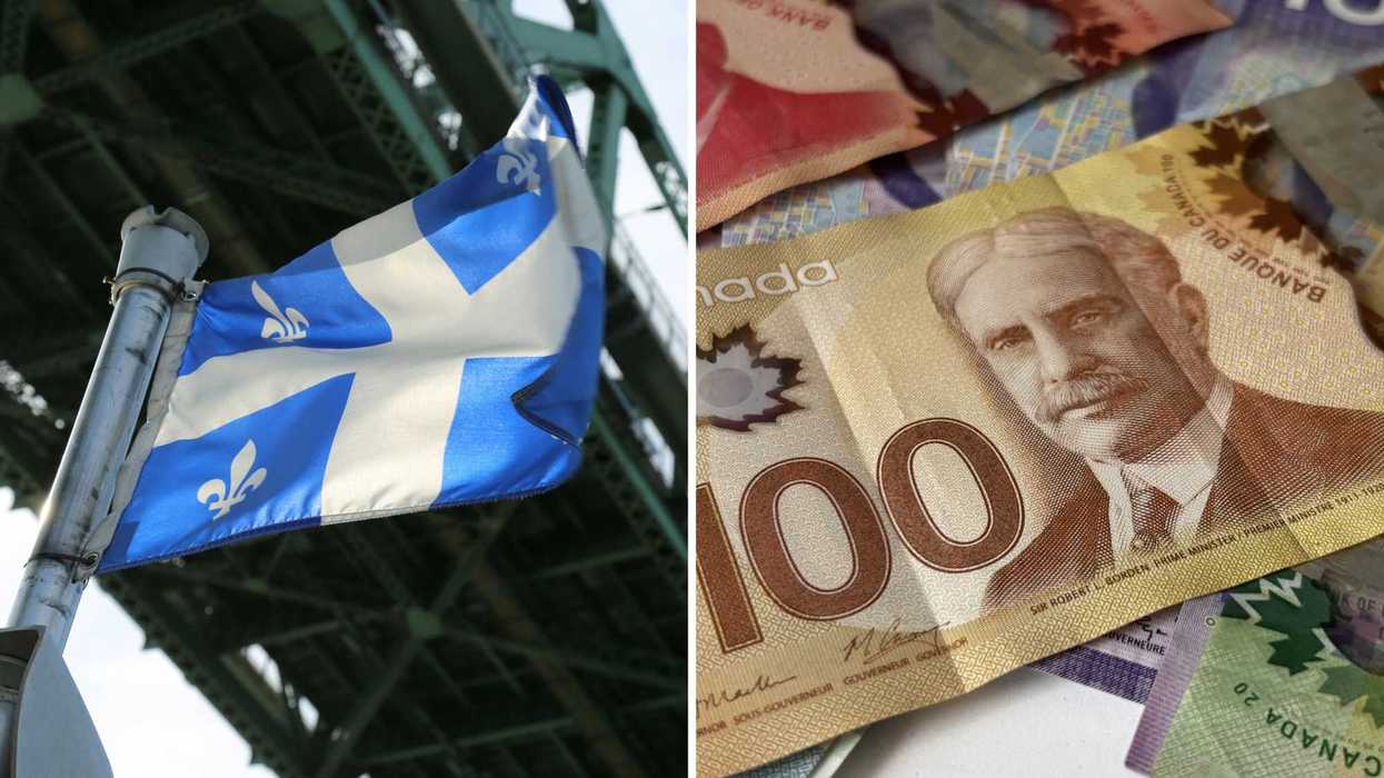 Un drapeau du Québec. Droite : de l'argent canadien.