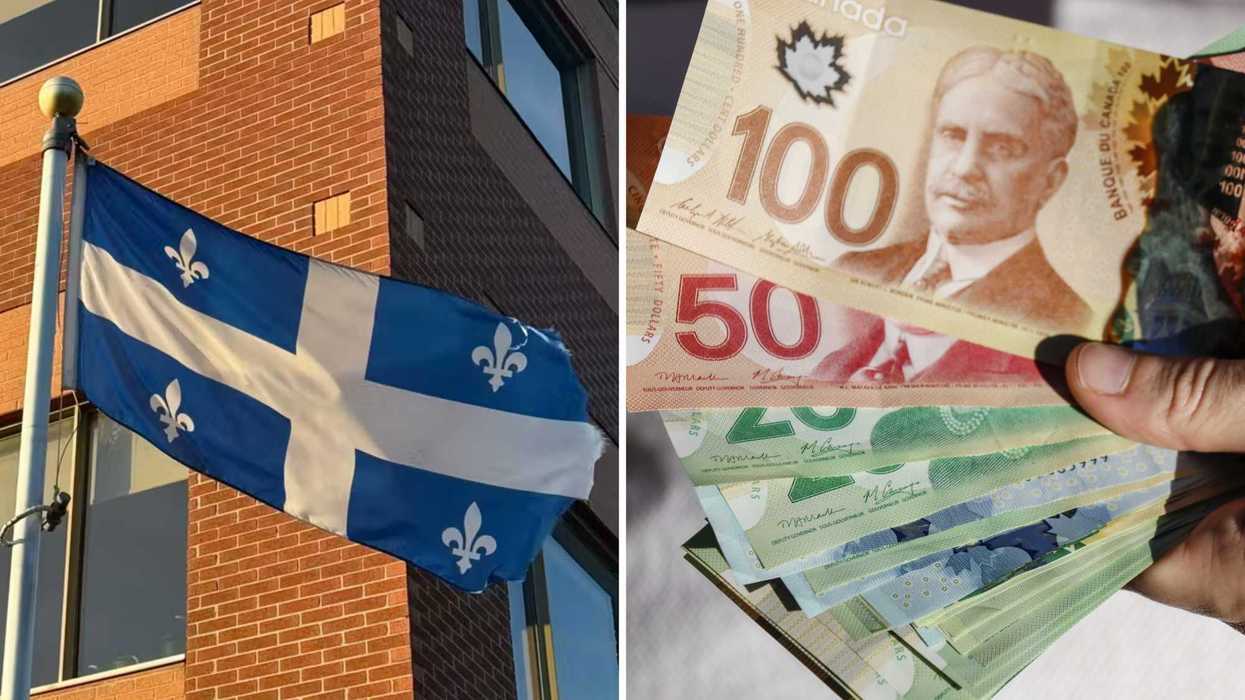 Un drapeau du Québec. Droite : de l'argent.
