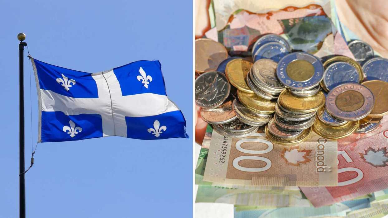 Un drapeau du Québec. Droite : de l’argent canadien.