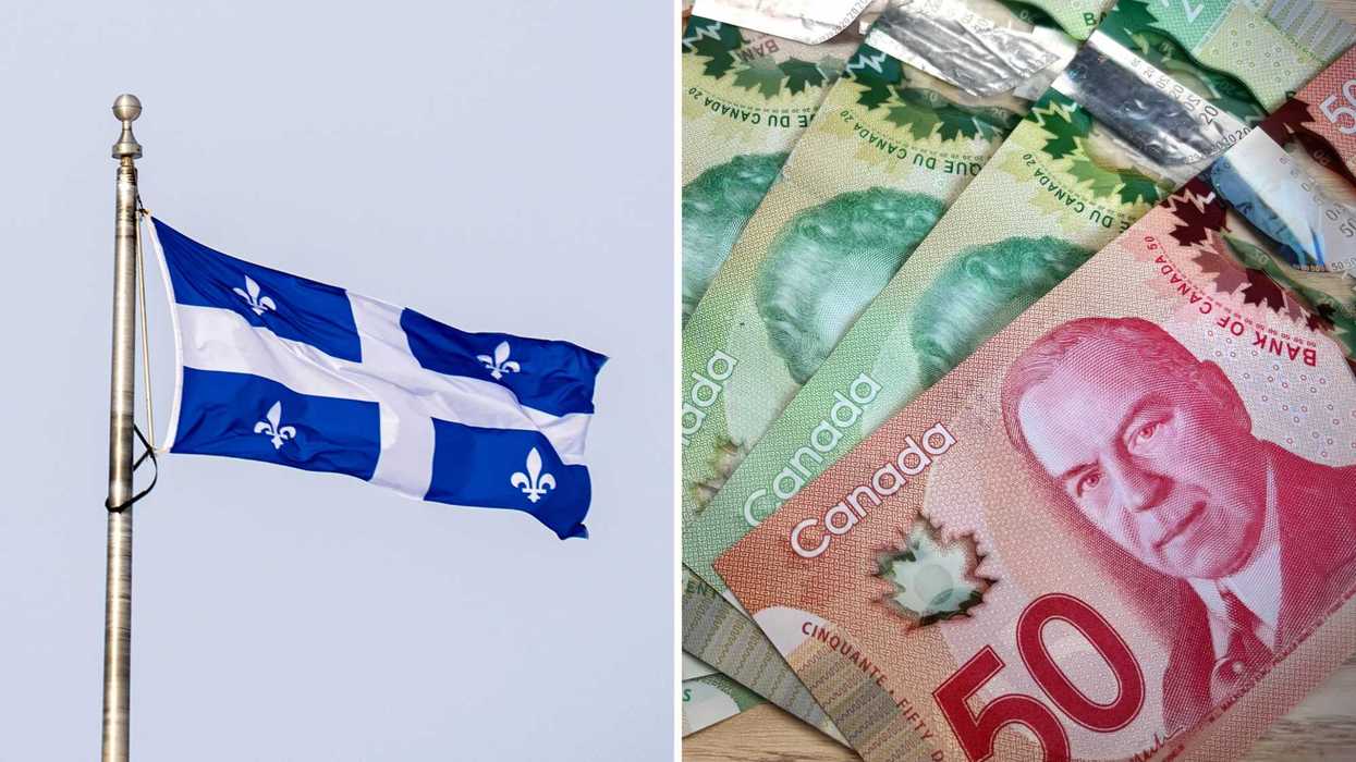 Un drapeau du Québec. Droite : de l’argent canadien.