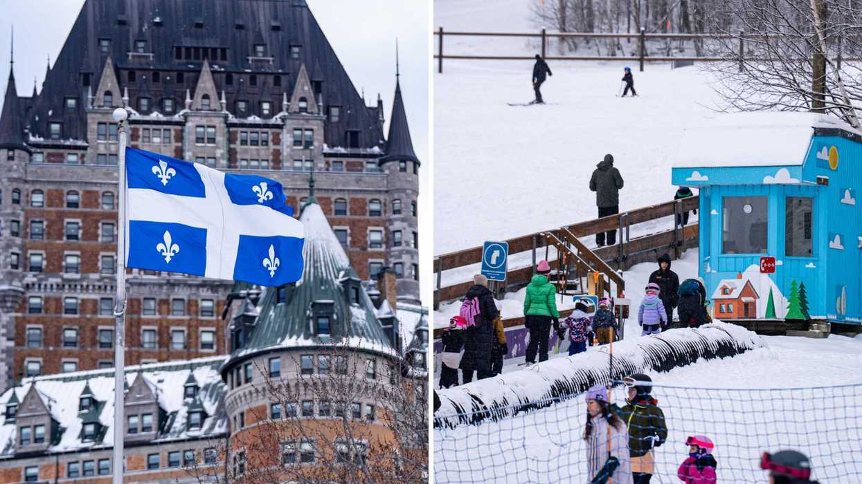 Un drapeau du Québec. Droite : des gens qui jouent dans la neige.