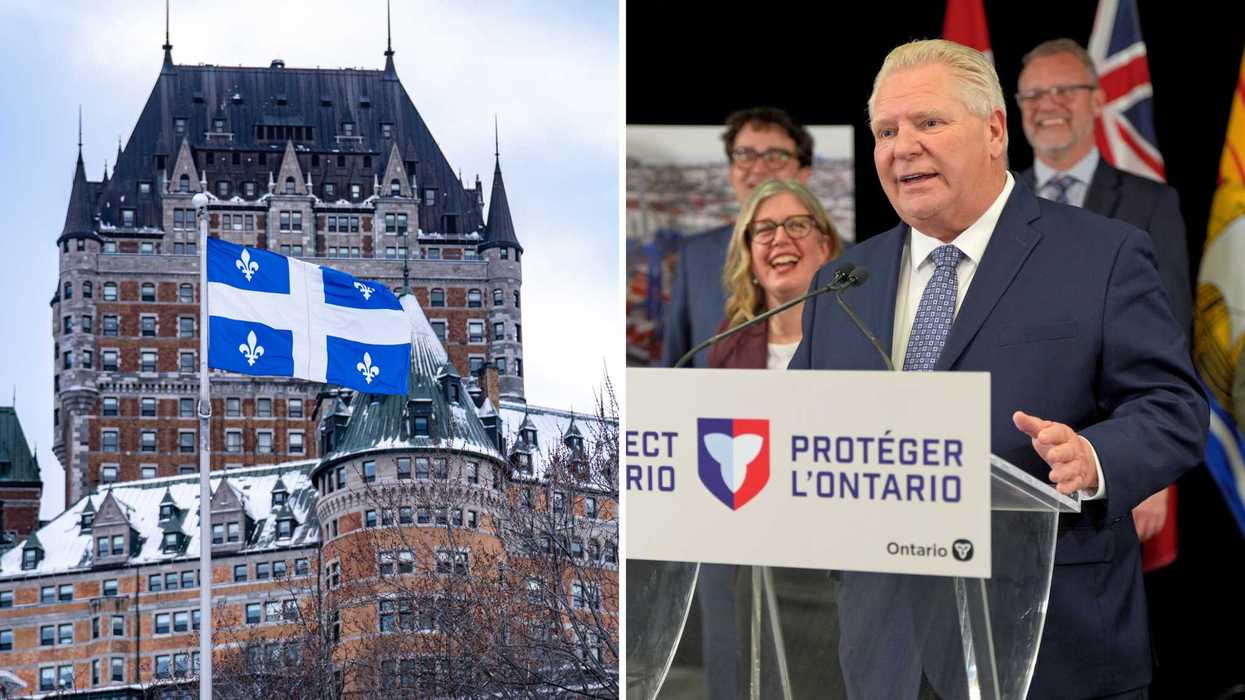 Un drapeau du Québec. Droite : Doug Ford.