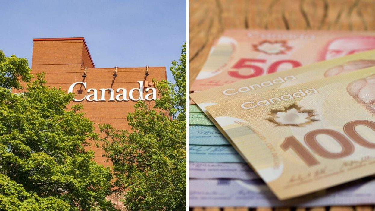 Un édifice du gouvernement du Canada. Droite : des billets d'argent canadien étalés sur une table.