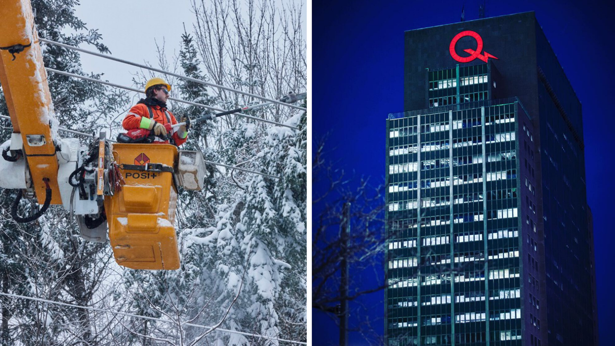 Un employé d'Hydro-Québec. Droite : Siège social d'Hydro-Québec.