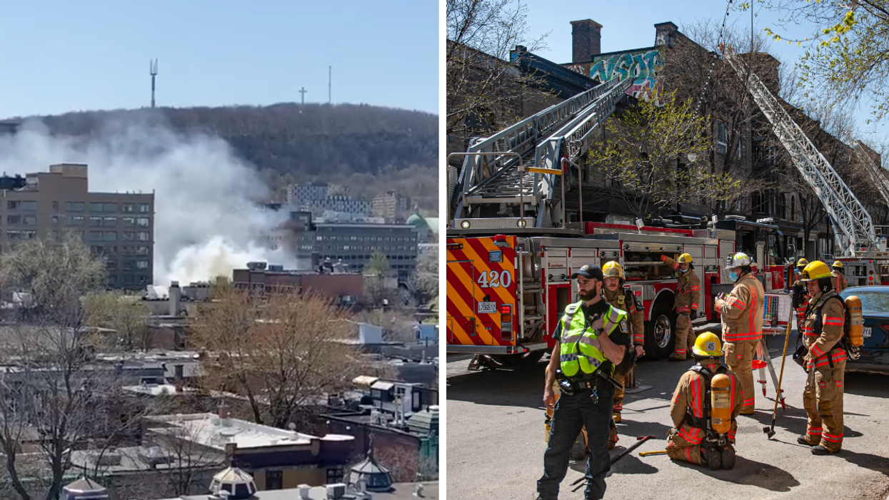 Un énorme incendie sur le Plateau-Mont-Royal. Droite : Des premiers répondants sur le site de l'incendie.