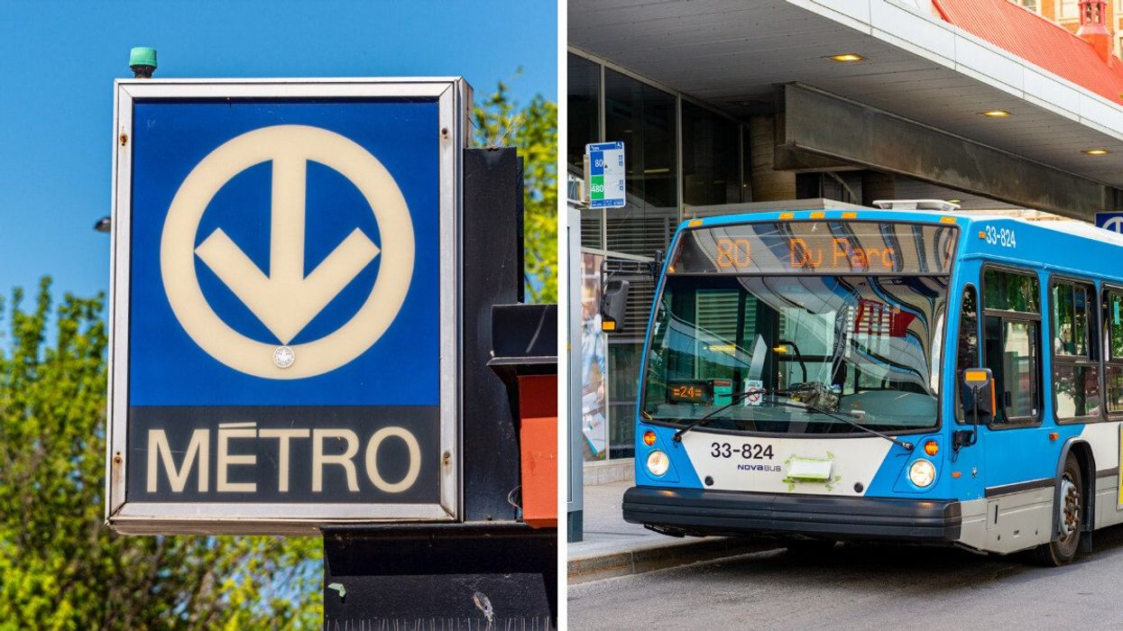 Un enseigne du métro de Montréal. Droite : Un autobus de la STM.