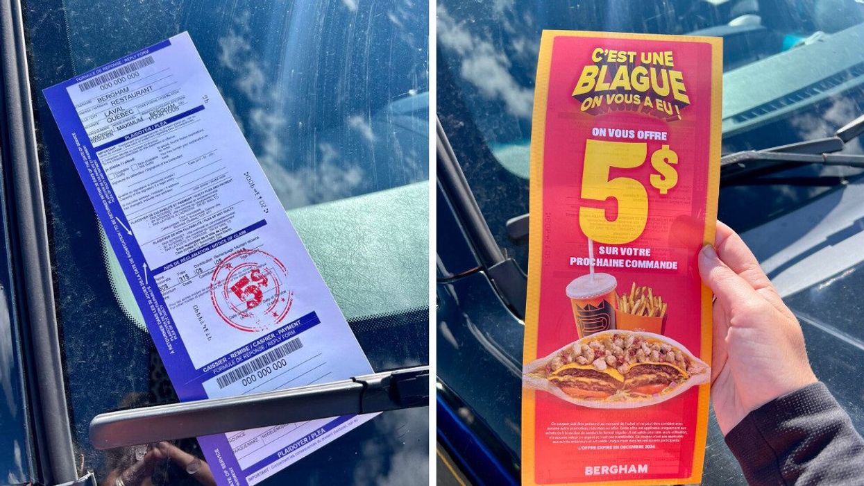 Un faux constat d'infraction placé sur un pare-brise. Droite: une publicité où il est écrit « C'est une blague ».