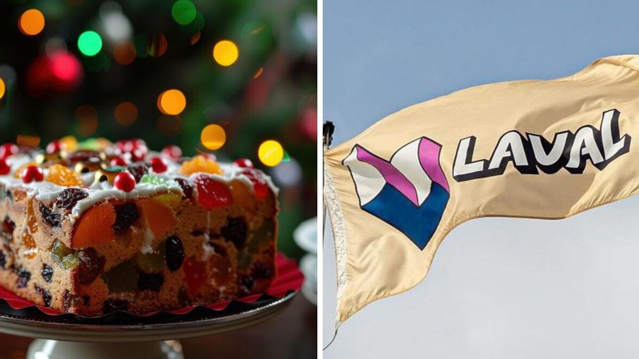 Un gâteau aux fruits. Droite : Drapeau de la Ville de Laval.