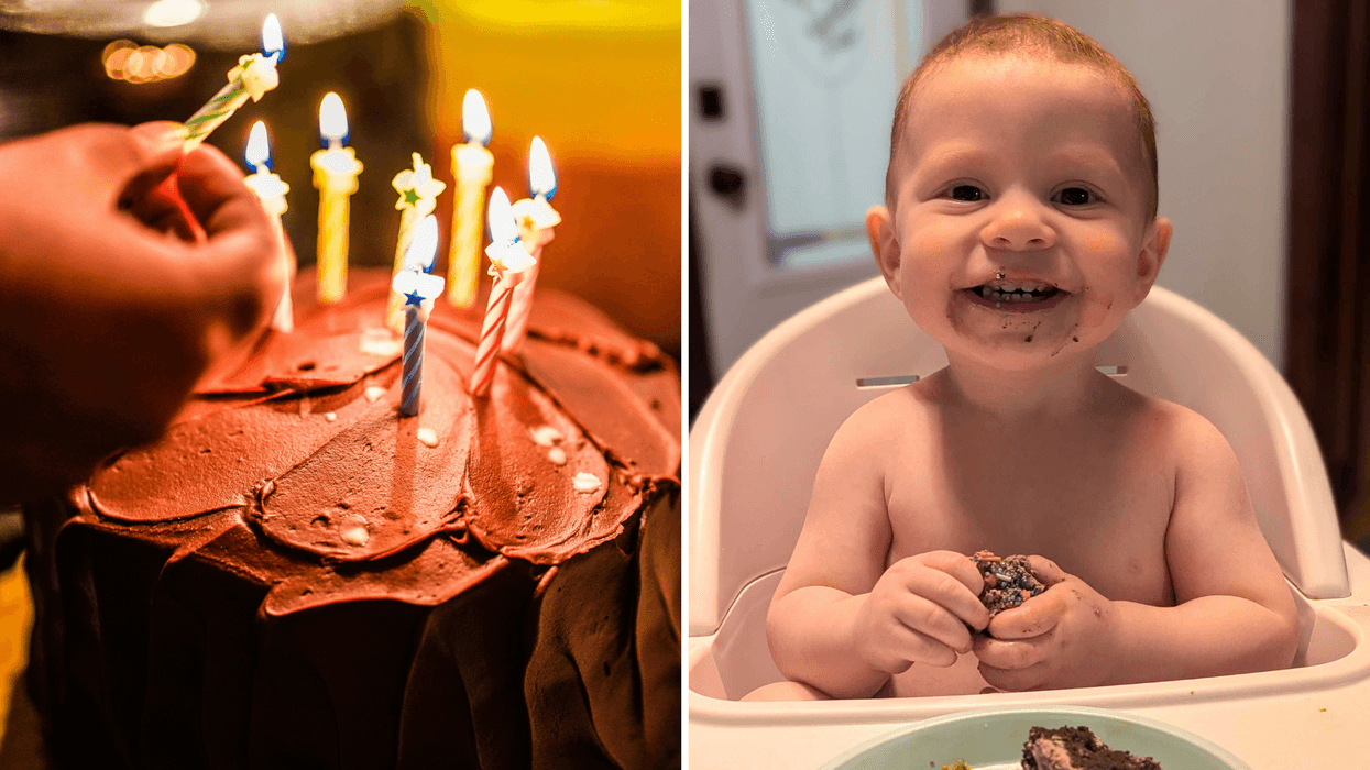 Un gâteau de fête. Droite : Un bébé mangeant du gâteau à sa fête au Canada.